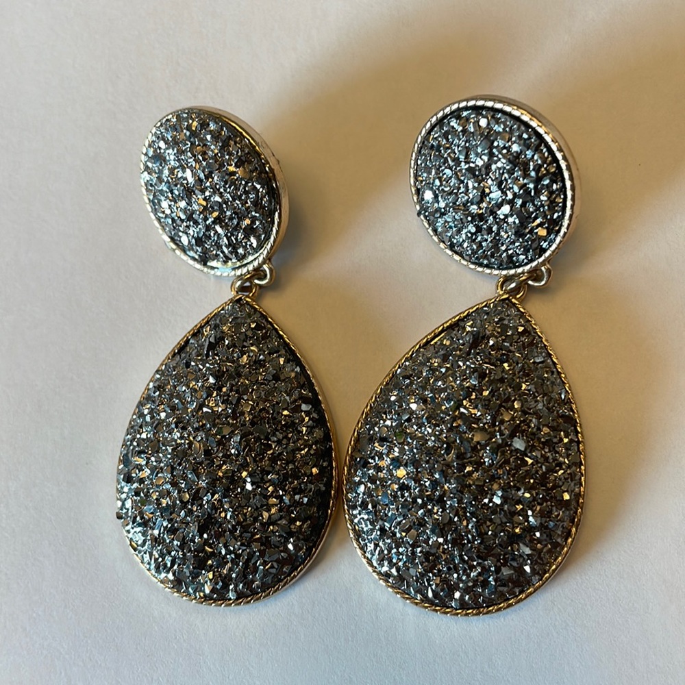 Sterling Silver Natural Drusy Quartz Gemstone Dangling Earrings